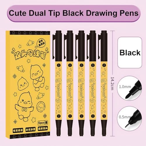 5 Pcs Cute Duck Black Drawing Pens Dual Tip Art Pens