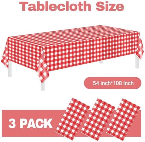 Childom 3 Pack Red White Checkered Tablecloths 54x108 Inches Disposable Plastic for Events and Parties