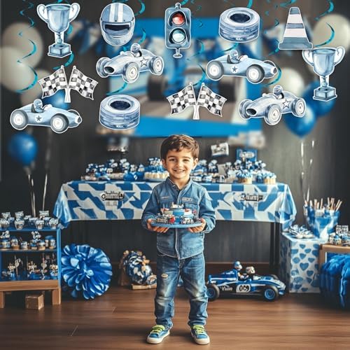 Funmemoir Blue Race Car Streamers - 24 Piece Set with Double Sided Print