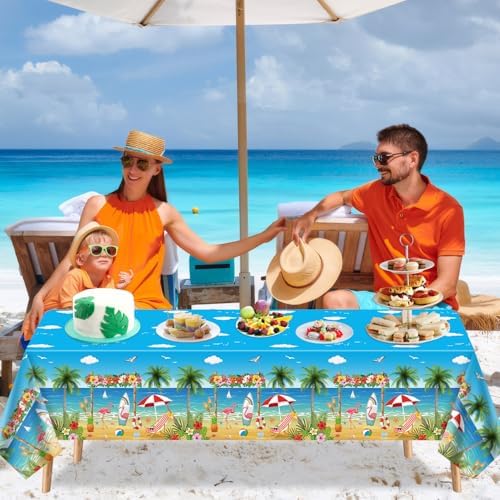 4 Pack Beach Party Tablecloths with Flamingo Surfboard Design