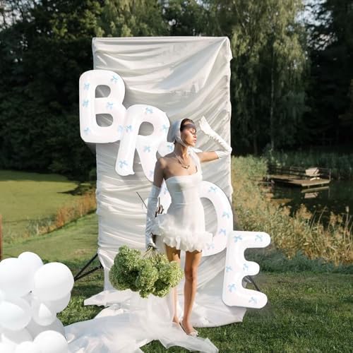 White Bride Balloons with Blue Bows and Iridescent Tattoos