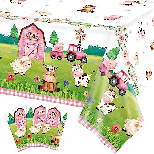 Oigco 3Pcs Farm Animal Tablecloth for Birthday Party Decorations