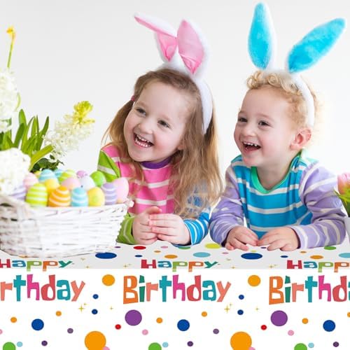 2PCS Happy Birthday Tablecloth Set 54X108inch Waterproof Plastic Table Covers with Colorful Polka Dots for Kids Parties