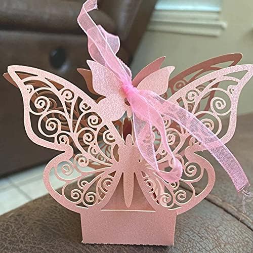 JANOU 24pcs Butterfly Candy Boxes DIY Paper Box with Ribbons Pink