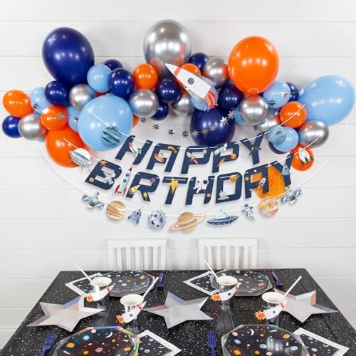 Universe Space Birthday Banner with Planets Rockets