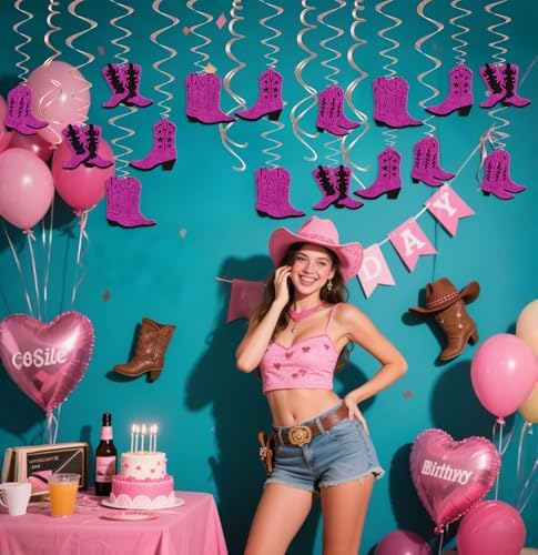 16Pcs Cowgirl Boots Streamers Western Party Decorations Double-Sided Black Rose Red Glitter