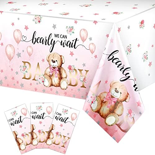 Tegeme Bear Baby Shower Tablecloth 54x108 Inch Pink 3 Pack