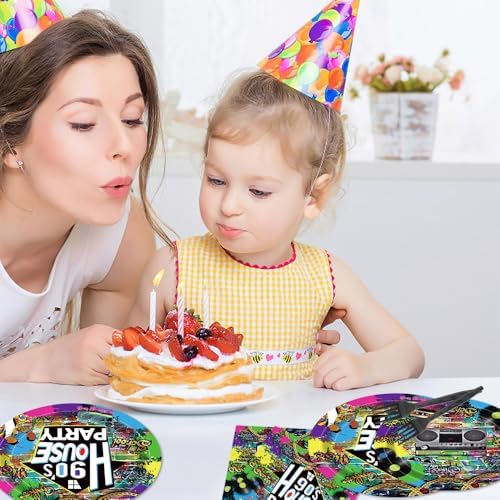 90s House Party Tableware Set 96 Pcs Retro Graffiti Disposable Plates Napkins Forks for 24 Guests