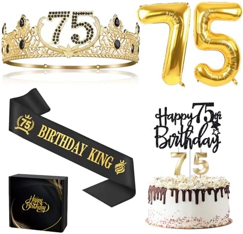 75th Birthday Party Decor for Men with King Crown Sash Balloons Cake Topper Candles