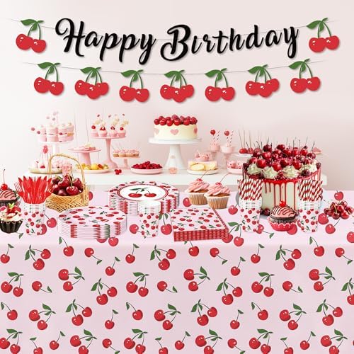 Cherry Birthday Decorations Tablecloth 3 Pack Disposable Fruit Theme Party Supplies for Celebrations