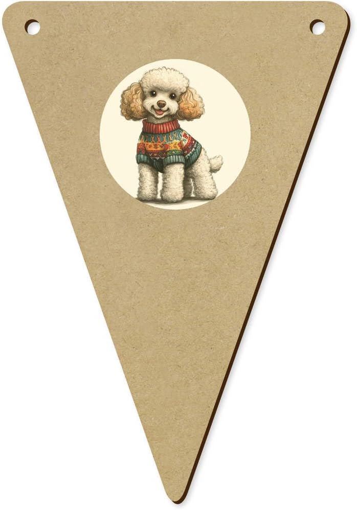 5 Pack Cute Poodle Wearing Christmas Sweater Wooden Bunting Flags