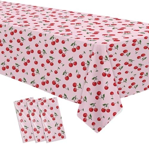 Cherry Birthday Decorations Tablecloth 3 Pack Disposable Fruit Theme Party Supplies for Celebrations