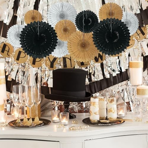 18 Pcs Black Paper Fans for Home Decor and Party Supplies