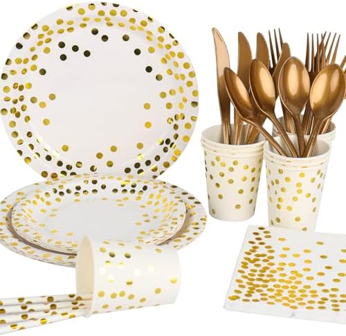 201PCS White Gold Polka Dot Party Supplies for 25 Guests