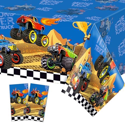 2 PCS Monster Truck Party Tablecloths 87 x 51 Rectangular Plastic Covers for Kids Parties and Decorations