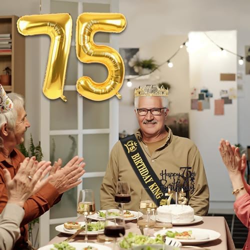 75th Birthday Party Decor for Men with King Crown Sash Balloons Cake Topper Candles