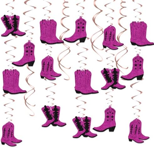 16Pcs Cowgirl Boots Streamers Western Party Decorations Double-Sided Black Rose Red Glitter
