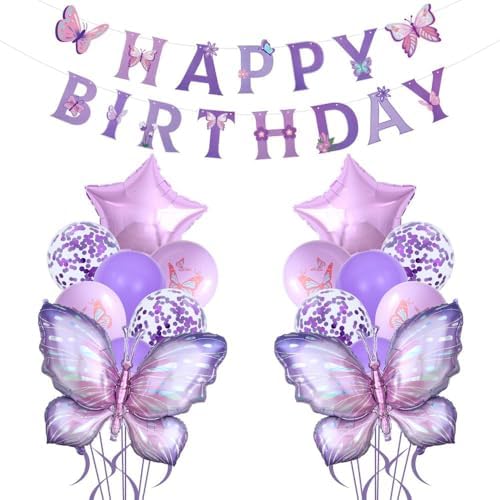 18 Pcs Purple Butterfly Balloons Birthday Decorations Set