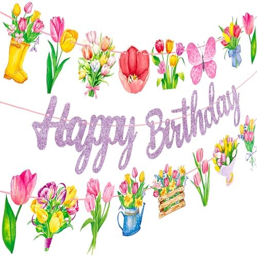 Tulip Birthday Banners 3Pcs Spring Floral Decorations