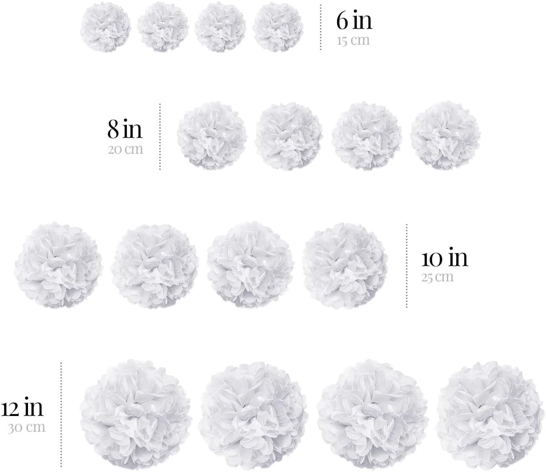 White Tissue Paper Pom Poms - Assorted Sizes - 16 Piece Set
