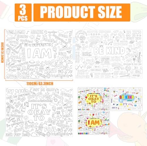 Set of 3 Giant Coloring Tablecloths with I Am Its Okay To Be Kind Theme