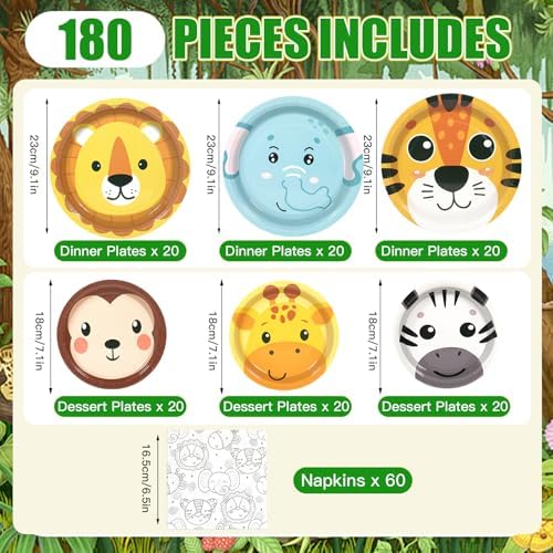180 Pcs Jungle Animal Paper Plates and Napkins Set