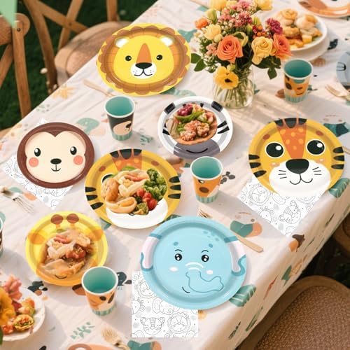 180 Pcs Jungle Animal Paper Plates and Napkins Set