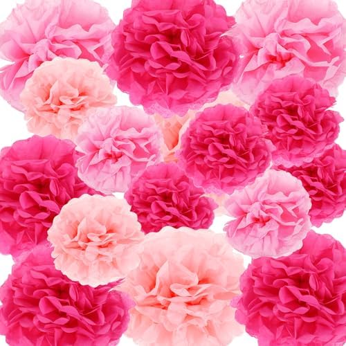 Lusofie 16pcs Hot Pink Tissue Pom Poms Decor Party Flowers