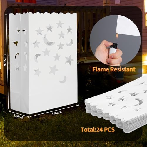 Honoson 24 Pcs White Luminary Candle Bags with Star and Moon Cutouts