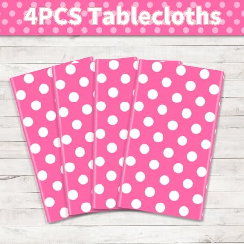 4 Pack Pink White Polka Dots Rectangular Tablecloths for Parties and Home Use