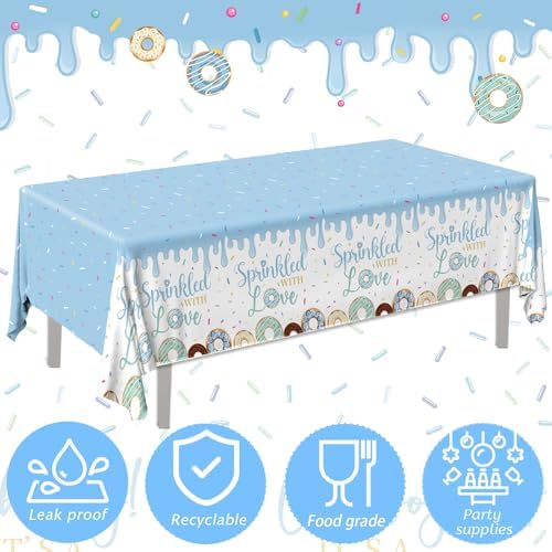 HAKOTI Donut Themed Baby Shower Tablecloth 2Pcs Blue Plastic Rectangle Cover for Boy