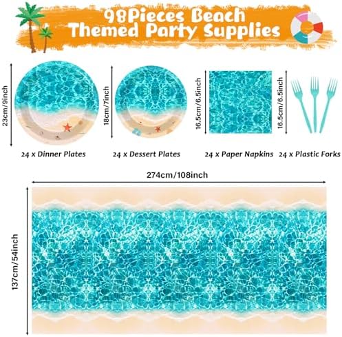 Summer Beach Party Supplies 98PCS Ocean Waves Tableware Set for 24 Guests