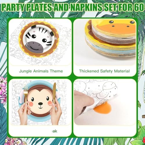 180 Pcs Jungle Animal Paper Plates and Napkins Set