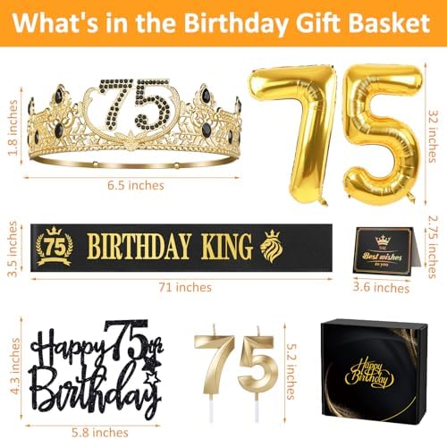 75th Birthday Party Decor for Men with King Crown Sash Balloons Cake Topper Candles