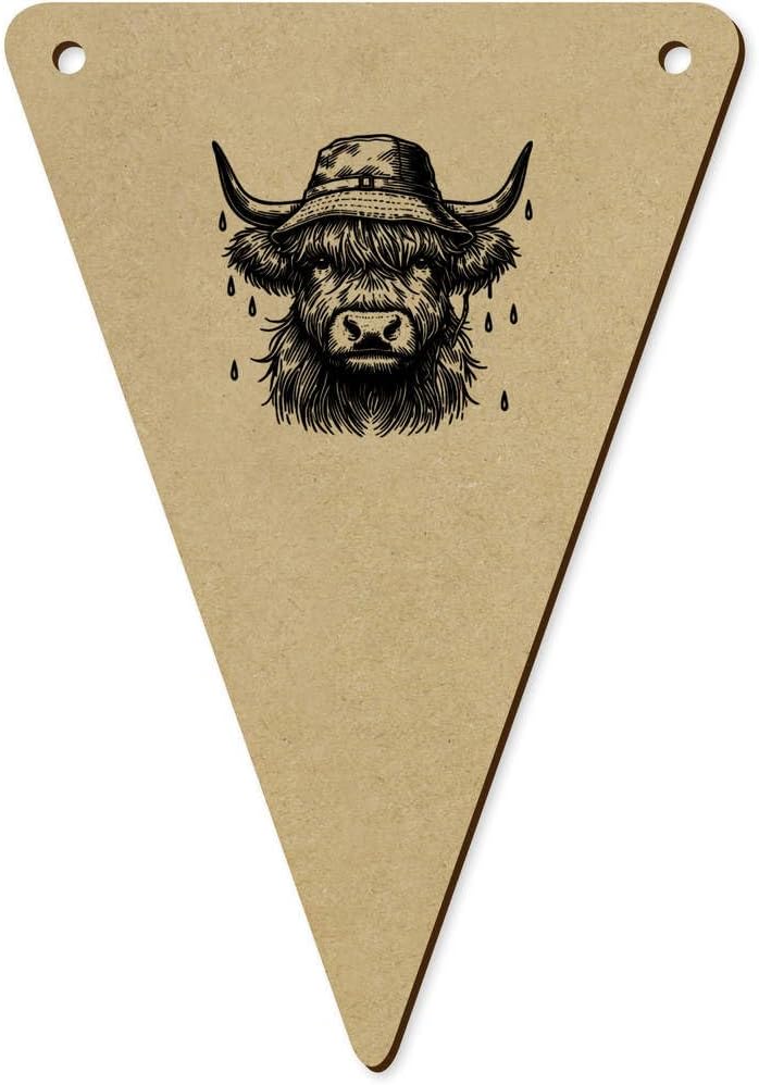 5pcs Highland Cow Rain Hat Wooden Bunting Flags