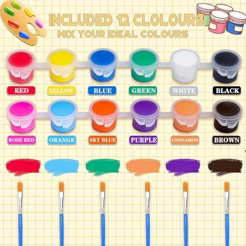 30 Pack Mini Acrylic Paint Set with 12 Colors and 60Pcs Brushes