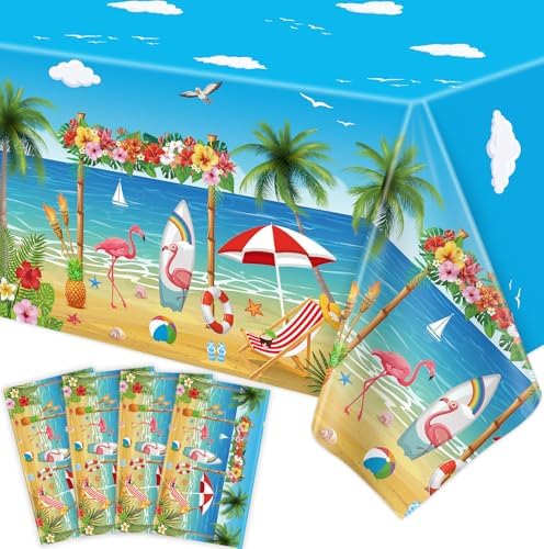 4 Pack Beach Party Tablecloths with Flamingo Surfboard Design