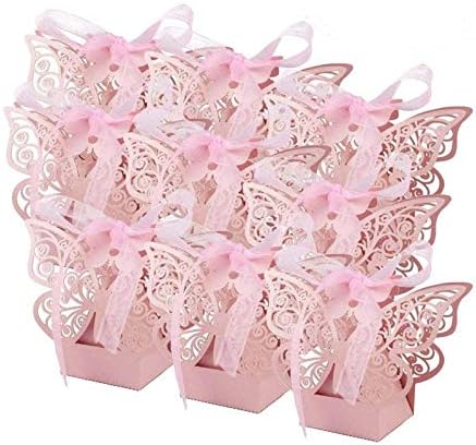 JANOU 24pcs Butterfly Candy Boxes DIY Paper Box with Ribbons Pink