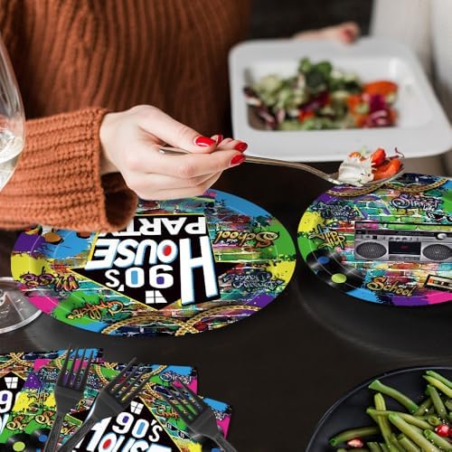 90s House Party Tableware Set 96 Pcs Retro Graffiti Disposable Plates Napkins Forks for 24 Guests