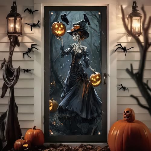 Skeleton Witch Halloween Door Cover 35x71 Inch