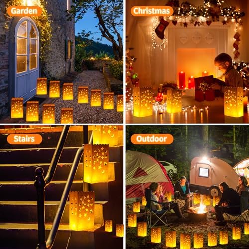 Honoson 24 Pcs White Luminary Candle Bags with Star and Moon Cutouts