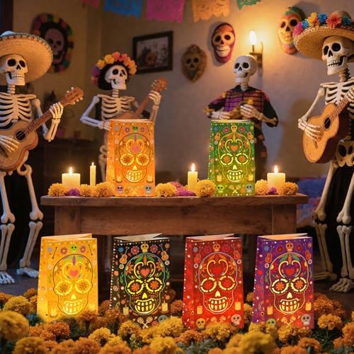 30 Pcs Dia De Los Muertos Luminary Bags for Halloween and Mexican Fiesta Decor