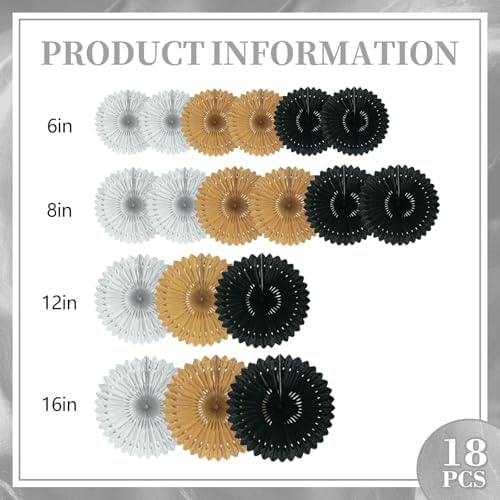 18 Pcs Black Paper Fans for Home Decor and Party Supplies
