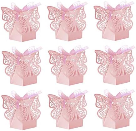 JANOU 24pcs Butterfly Candy Boxes DIY Paper Box with Ribbons Pink
