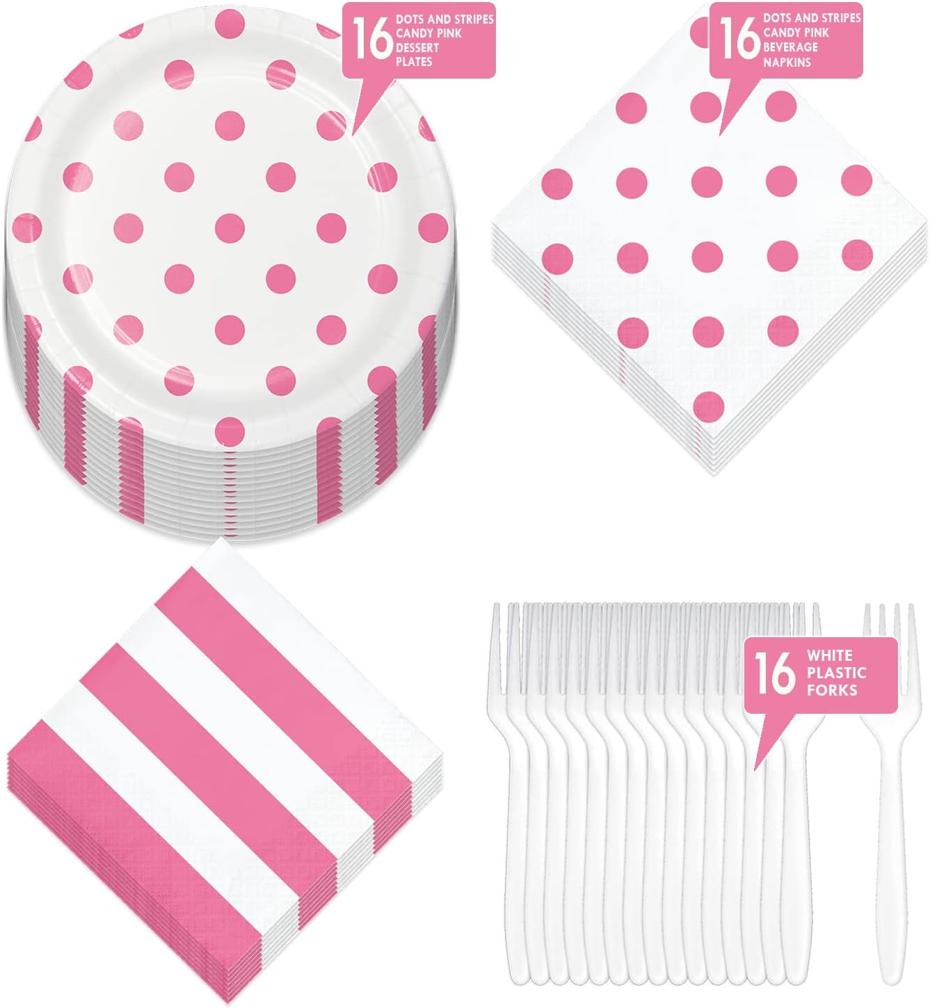 Pink Party Supplies - Polka Dots and Stripes Set of 16