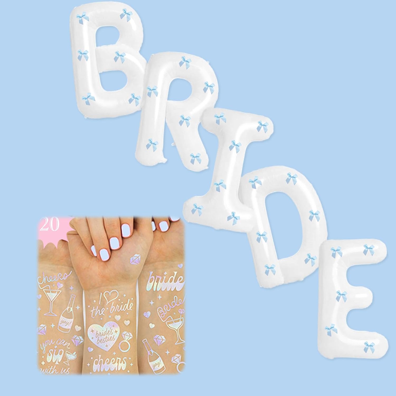 White Bride Balloons with Blue Bows and Iridescent Tattoos