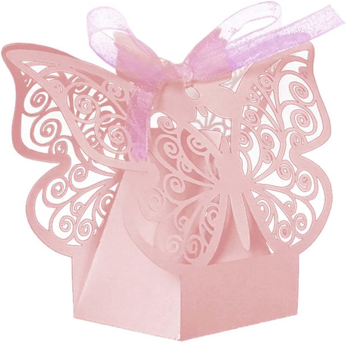 JANOU 24pcs Butterfly Candy Boxes DIY Paper Box with Ribbons Pink