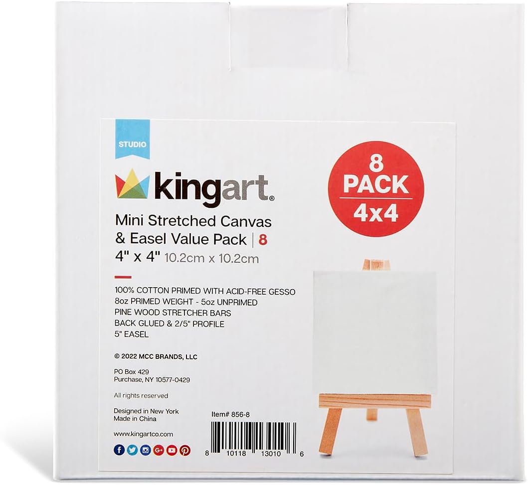 KINGART 856-8 White Mini 4x4 Stretched Artist Canvas with Display Easels Value Pack