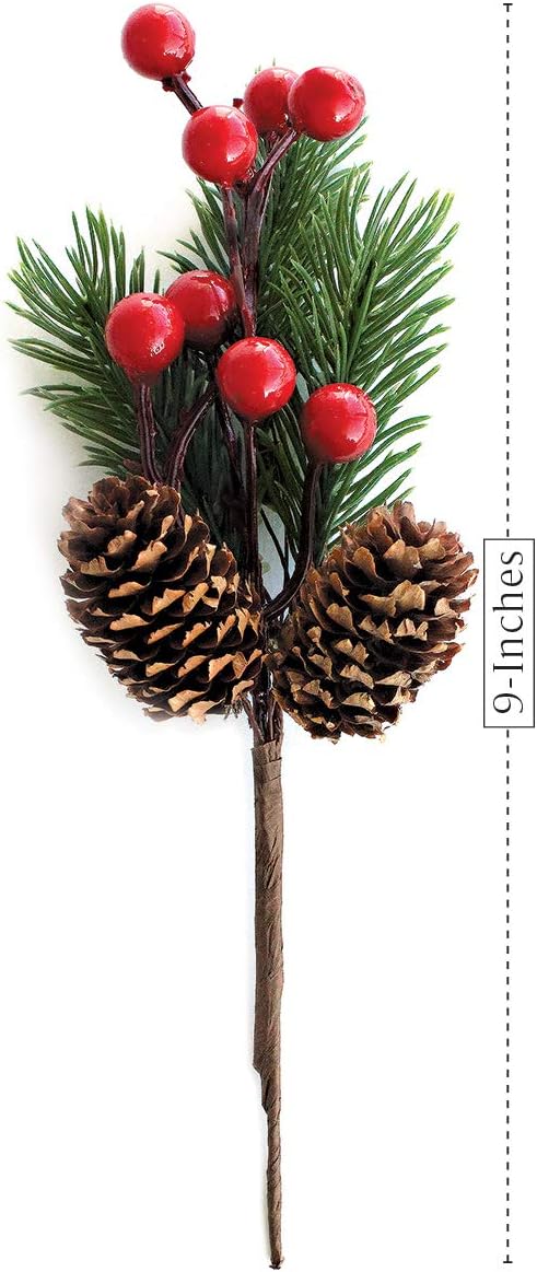 OLYPHAN Red Berry Pine Cones Decor Set of 8