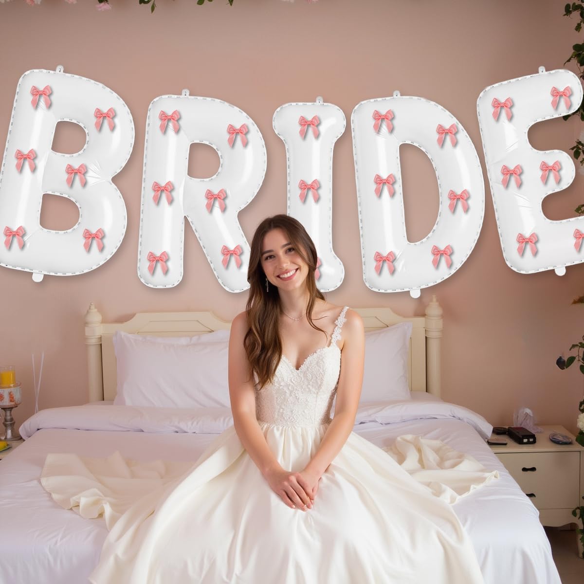 White Bride Balloons with Pink Bows Bachelorette Party Decor